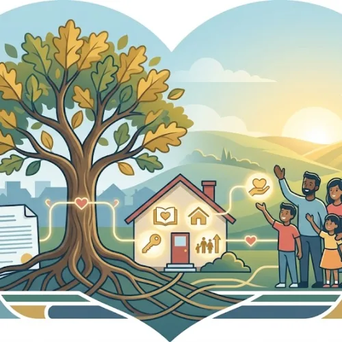A simple, heartwarming vector illustration symbolizing the intersection of estate planning community impact with tangible action. A sturdy, glowing oak tree with deep, spreading roots (the legacy) stands firmly planted in sunlit soil. Connected by flowing, pulsating light patterns, the roots intertwine with two primary icons: a small, inviting Canadian family home and an open book of knowledge (education), representing housing and financial literacy programs. Above these, a diverse group of people—a family and an elderly individual—are reaching up, gratefully receiving these gifts. The sunset background Transitions from a suburban skyline to rolling hills, all enclosed within an abstract heart shape, which rests on a solid foundation, symbolizing spiritual purpose, multi-generational benefit, and community wellness. There is no text, and the overall color palette is warm greens, blues, golds, and soft reds.