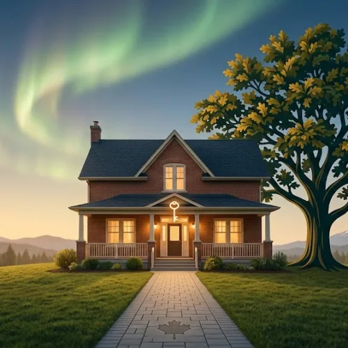 A warm, twilight illustration depicting an inviting traditional two-story brick house nestled on a grassy hill. A clear stone pathway with an integrated maple leaf design leads directly to the front door. Above the entrance, a glowing, warm-gold stylized key floats in the air. To the right, a magnificent, healthy oak tree with deep roots stands strong, under a sky where a beautiful green and gold aurora swirls with purposeful energy. The scene is a perfect visual metaphor, representing the security and tangible community support of a property-based Housing Benefit and Legacy Planning initiative, making a lasting impact.