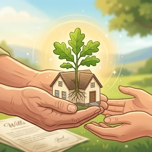 Gemini said A pair of mature hands passes a glowing miniature cottage with a thriving oak sapling growing through its roof to a younger set of hands in a sunny pastoral landscape. In the foreground wildflowers, documents titled "WILLS" and "Deed" clearly resting on the ground visualize and emphasize that this process of purposeful property transfer and enduring impact is Legacy Estate Planning.