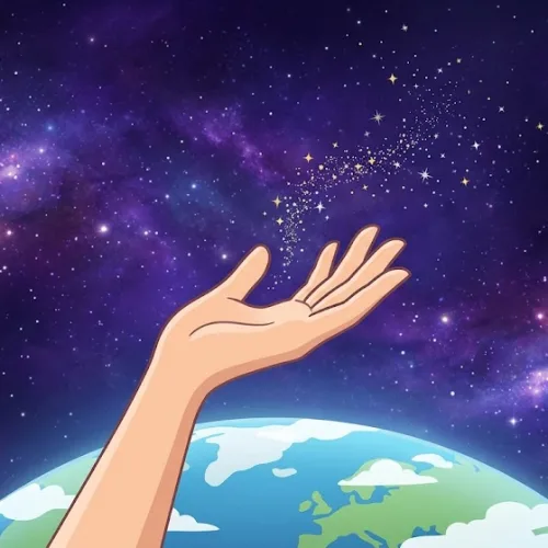 An illustration of a gentle hand reaching up from the Earth into a vibrant, starry purple cosmos. The hand is releasing a beautiful, glowing stream of stardust, symbolizing the peaceful and awe-inspiring journey to send ashes to space for a unique celestial memorial.